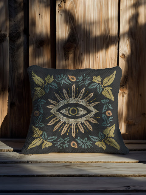 A black woven throw pillow featuring intricate embroidery of an Evil Eye motif in gold, ivory, and green, surrounded by detailed botanical flourishes.